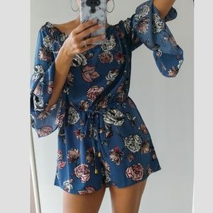 🆕 Blue Floral Romper Off the Shoulder Bell Sleeve
